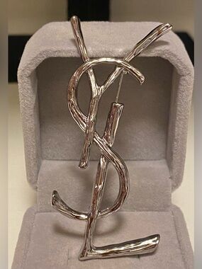 Yves Saint Laurent Silver-Tone Twig Monogram Brooch Unisex